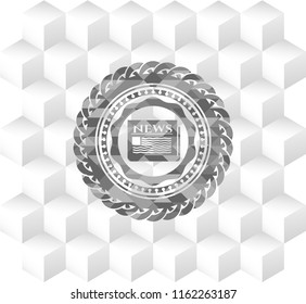 newspaper icon inside grey emblem with cube white background
