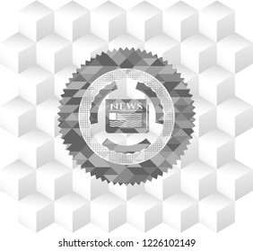 newspaper icon inside grey icon or emblem with geometric cube white background