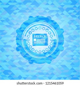 newspaper icon inside light blue emblem with mosaic ecological style background