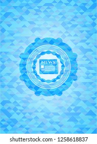 newspaper icon inside light blue emblem with triangle mosaic background