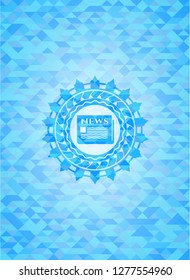 newspaper icon inside light blue emblem with mosaic ecological style background