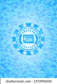 newspaper icon inside light blue mosaic emblem