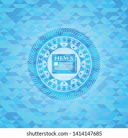 newspaper icon inside light blue emblem with mosaic background