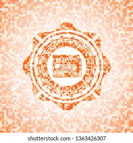 newspaper icon inside orange tile background illustration. Square geometric mosaic seamless pattern with emblem inside.