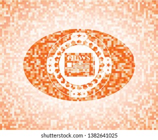 newspaper icon inside orange tile background illustration. Square geometric mosaic seamless pattern with emblem inside.