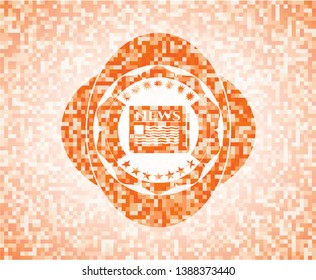 newspaper icon inside orange tile background illustration. Square geometric mosaic seamless pattern with emblem inside.