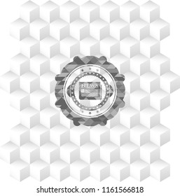 newspaper icon inside realistic grey emblem with geometric cube white background