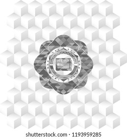 newspaper icon inside realistic grey emblem with geometric cube white background