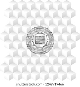 newspaper icon inside realistic grey emblem with geometric cube white background