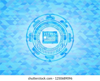 newspaper icon inside realistic light blue emblem. Mosaic background