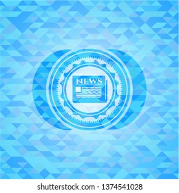 newspaper icon inside realistic light blue emblem. Mosaic background