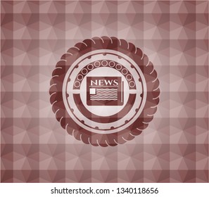 newspaper icon inside red badge with geometric pattern background. Seamless.