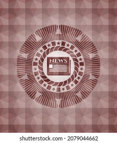 newspaper icon inside red badge with geometric background. Seamless. 