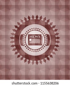 newspaper icon inside red emblem or badge with geometric pattern background. Seamless.