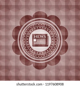 newspaper icon inside red emblem with geometric pattern background. Seamless.