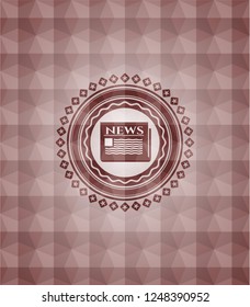 newspaper icon inside red emblem with geometric background. Seamless.