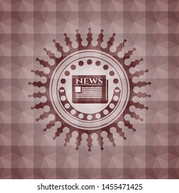 newspaper icon inside red emblem or badge with abstract geometric polygonal pattern background. Seamless.