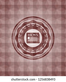 newspaper icon inside red seamless emblem or badge with abstract geometric polygonal pattern background.