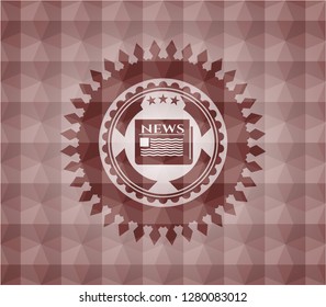 newspaper icon inside red seamless badge with geometric background.