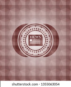 newspaper icon inside red seamless emblem or badge with abstract geometric polygonal pattern background.