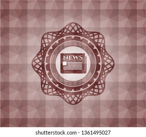 newspaper icon inside red seamless emblem or badge with abstract geometric polygonal pattern background.