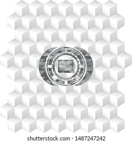 newspaper icon inside retro style grey emblem with geometric cube white background
