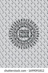 newspaper icon inside silver badge. Scales pattern. Vector Illustration. Detailed.