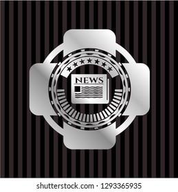 newspaper icon inside silvery badge or emblem