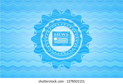newspaper icon inside sky blue water wave emblem.