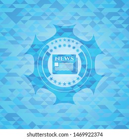 newspaper icon inside sky blue emblem with triangle mosaic background