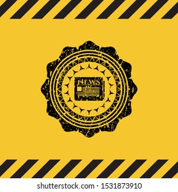 newspaper icon inside warning sign, black grunge emblem. Vector Illustration. Detailed.