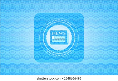 newspaper icon inside water wave concept badge.