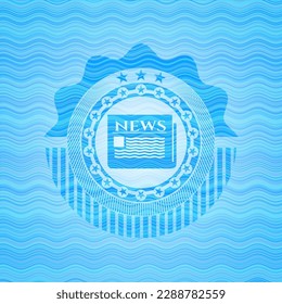 newspaper icon inside water wave concept style badge. 