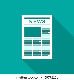 Newspaper icon with long shadow. Flat design style. Newspaper simple silhouette. Modern minimalistic icon in stylish colors. Web site page and mobile app design vector element.