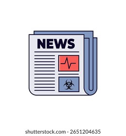 Newspaper icon with "NEWS" headline, a heartbeat graph, and a biohazard symbol. Perfect for health, crisis, or urgent news topics.