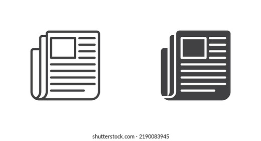 Newspaper icon. News paper publication line and glyph version, outline and filled vector sign. linear and full pictogram. Symbol, logo illustration. Different style icons set