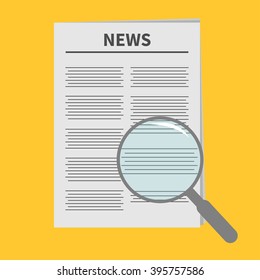 Newspaper icon Optic glass instrument Magnifier Search Flat design Isolated Yellow background Vector illustration