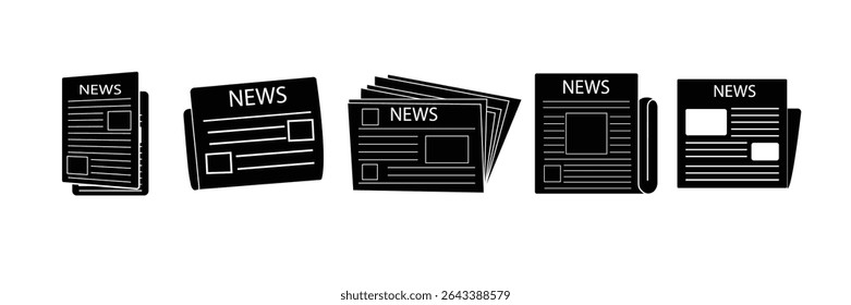 Newspaper icon outline collection in black and on white background. Newspaper icon flat.