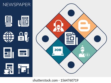 newspaper icon set. 13 filled newspaper icons.  Simple modern icons about  - Newspaper, Plotter, Worlwide, Press, Blogger, News reporter, Job search