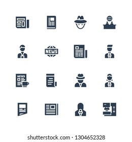 newspaper icon set. Collection of 16 filled newspaper icons included Press, News reporter, Newspaper, Journalist, News