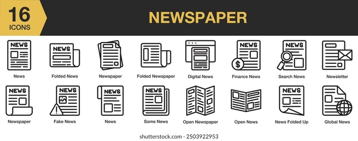 Symbol für Zeitungen. Beinhaltet globale Nachrichten, Zeitungen, digitale Nachrichten, Letztere, Finanznachrichten und Mehr. Gliederungssymbole, Vektorsammlung.
