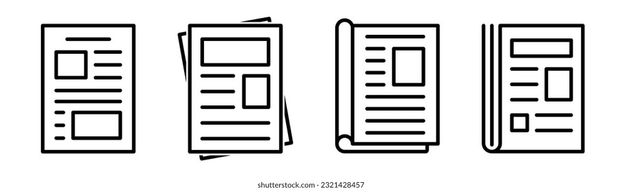 Newspaper icon set. Journal sign in line. Outline newspaper icon. Magazine icon in outline. Document symbol. Newspaper in linear. Stock vector