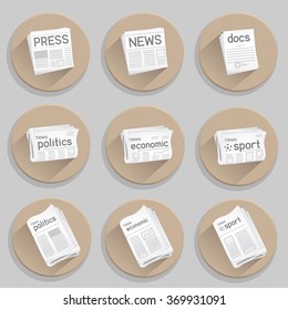 Newspaper icon set. Press collection on white background. News politics economic sport. Docs icon as a bonus