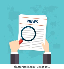 Newspaper icon with shadow. Hand holding a magnifying glass. Vector illustration.