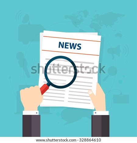 Newspaper icon with shadow. Hand holding a magnifying glass. Vector illustration.
