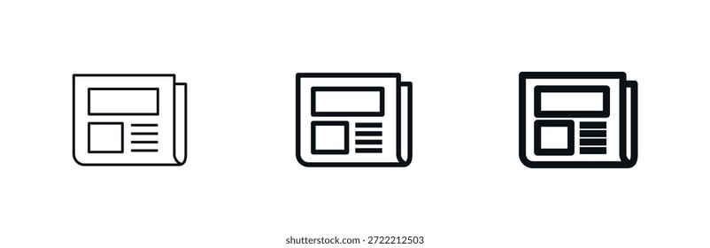 Icono de periódico mostrado en tres pesos de trazo de delgado a negrita. Papel impreso. Periodismo, blogs, Autorizaciones de prensa, App de noticias, concepto de plataformas de medios. Elemento móvil y de Web. Ilustración vectorial