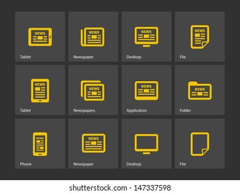 Newspaper icons on gray background. Wireless technology. Vector illustration.