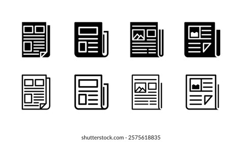 Newspaper Icons set. fill and outline icon. News Icons Set. Document icons. Creative and Unique Style. Fully scalable and customizable for print and digital.