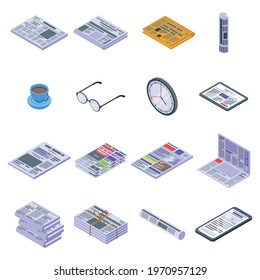 Newspaper icons set. Isometric set of newspaper vector icons for web design isolated on white background