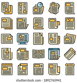 Newspaper icons set. Outline set of newspaper vector icons thin line color flat on white